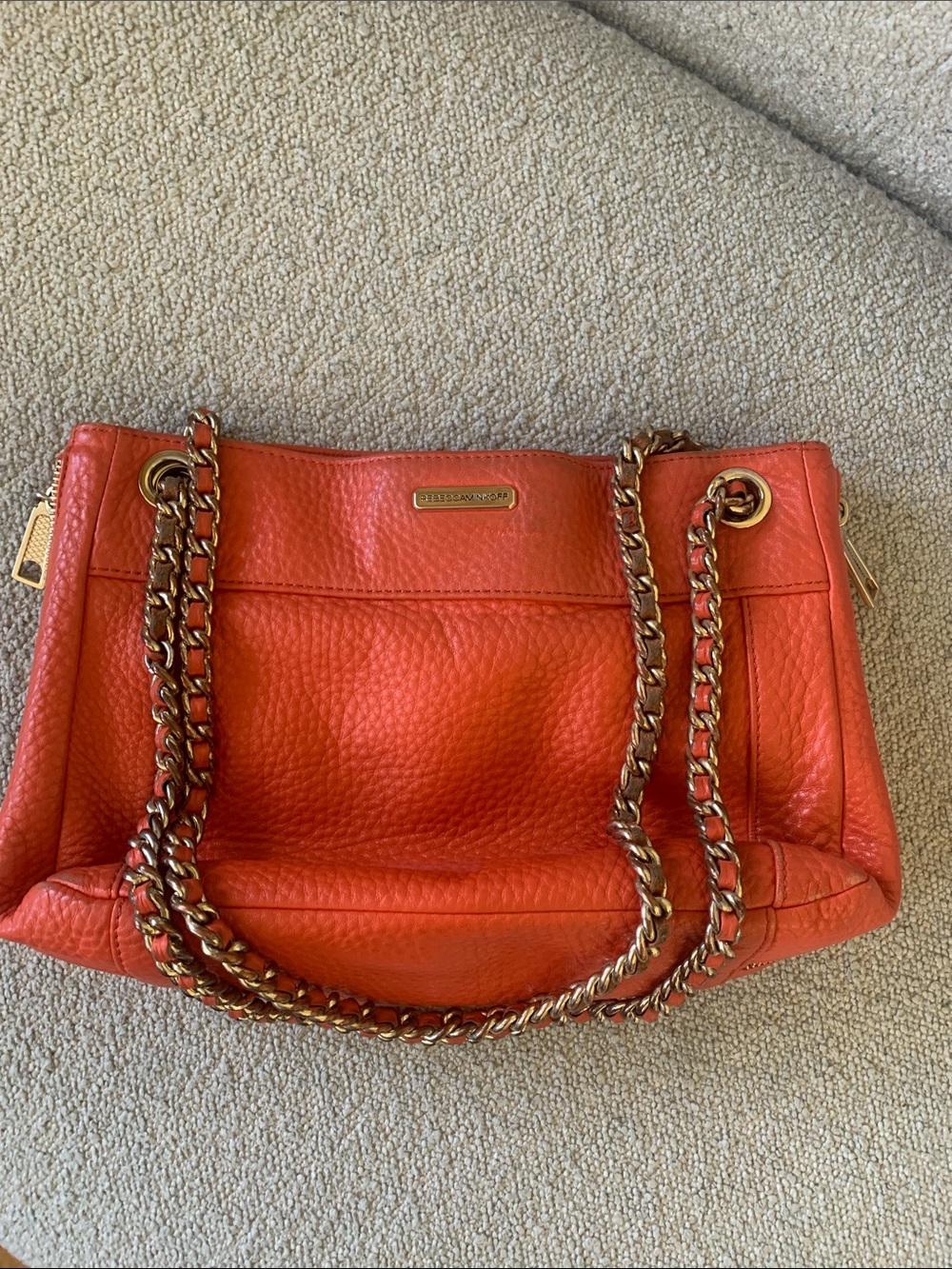 Rebecca Minkoff Coral-Red Pebbled Leather Chain Shoulder Bag